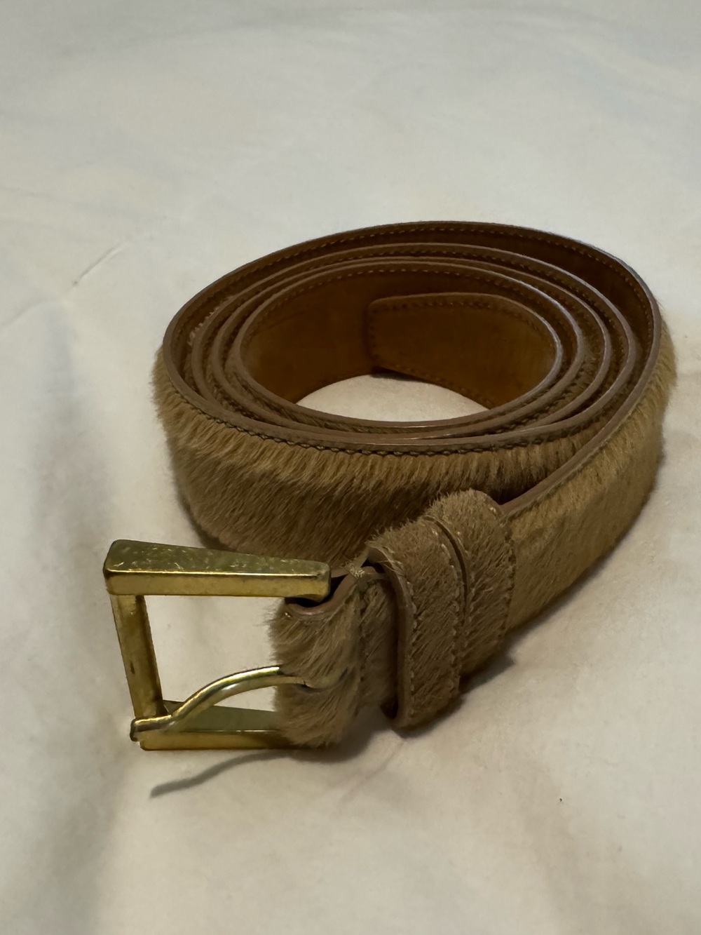 Theory Calf Hair Leather Belt Tan Gold Buckle Made in Italy M/L 30–34”